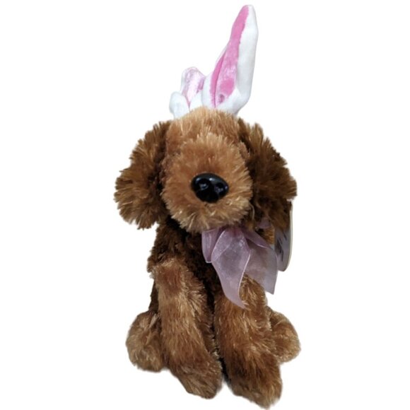 Dan Dee Brown Plush Dog With Bunny Ears & Pink Bow 8" Easter Spring Gift - Picture 1 of 10